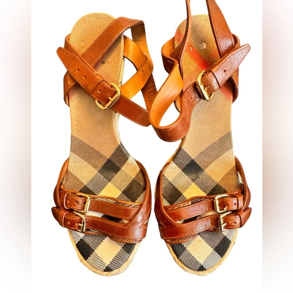 Burberry Tan Leather Check Canvas Espadrille Wedge Sandals Italy Size 35 in GUC